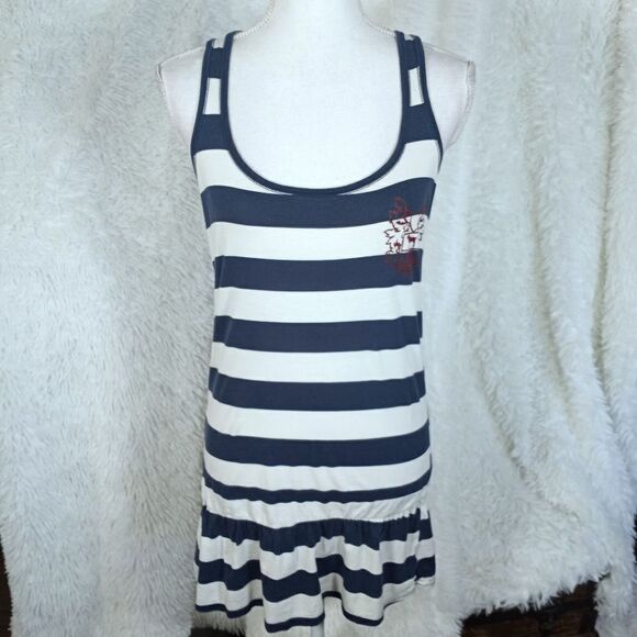 VICTORIA'S SECRET PINK  NAVY & WHITE STRIPE RUFFLE BOTTOM LONG TANK TOP SZ.S EUC - Picture 2 of 7
